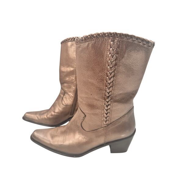 Stuart Weitzman Gold Leather Cowboy Boot 7 M Whipstitch Coastal Cowgirl Designer - Picture 11 of 16